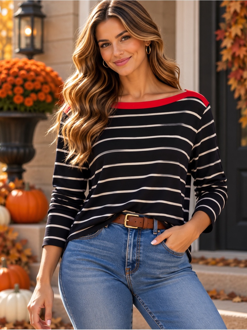 Lauren Ralph Lauren Black & White Striped Long Sleeve Top with Red Trim